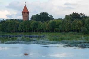 vista idílica de la naturaleza alrededor del castillo de malbork. torre roja y techo cónico. Polonia