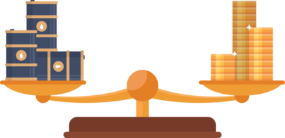 Balance scale with gold coins and oil barrels png