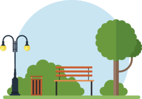 Tree, bench, lamp and trash can in the park vector illustration png