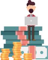 Businessman with laptop standing on a huge pile of money png