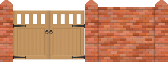 Brick fence with wooden gate vector illustration png