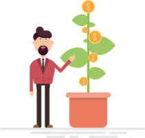 Businessman showing plant with dollar coins vector illustration png