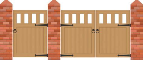 Brick fence with wooden gate vector illustration png