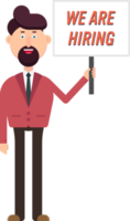 un homme d'affaires heureux montre une bannière avec un texte d'embauche png