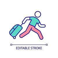 Long-awaited vacation RGB color icon. Running man with suitcase. Last minute ticket. Lating for flight. Isolated vector illustration. Simple filled line drawing. Editable stroke