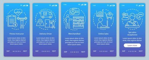 Part time job blue onboarding mobile app page screen vector template. Fitness instructor, receptionist. Walkthrough website steps with linear illustrations. UX, UI, GUI smartphone interface concept