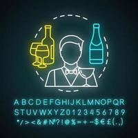 Bartender neon light icon. Barman, barkeeper. Restaurant, bar staff. Catering business. Alcoholic beverage in bottle. Glowing sign with alphabet, numbers and symbols. Vector isolated illustration