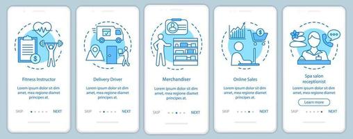 pantalla de la página de la aplicación móvil de incorporación azul de trabajo a tiempo parcial con conceptos lineales. instructor de fitness, instrucciones gráficas de los pasos del tutorial de la recepcionista. ux, ui, plantilla vectorial gui con ilustraciones vector