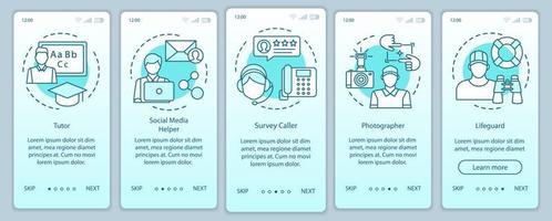 Part-time jobs turquoise onboarding mobile app page screen vector Tutor, photographer, lifeguard. Walkthrough website steps with linear illustrations. UX, UI, GUI smartphone interface concept
