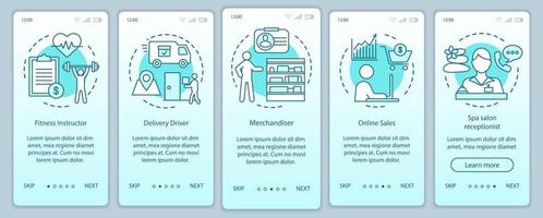 Part time job turquoise onboarding mobile app page screen vector template. Fitness instructor, driver. Walkthrough website steps with linear illustrations. UX, UI, GUI smartphone interface concept