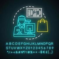 Cashier neon light icon. Shop employee. Retail store staff. Checkout operator. Sales clerk at store. Seller, saleswoman. Glowing sign with alphabet, numbers and symbols. Vector isolated illustration