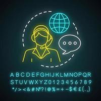 Call center representative neon light icon. Online support, hotline operator, consultant manager. Help desk dispatcher. Glowing sign with alphabet, numbers and symbols. Vector isolated illustration