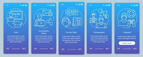 Part-time jobs blue onboarding mobile app page screen vector Tutor, photographer, lifeguard. Walkthrough website steps with linear illustrations. UX, UI, GUI smartphone interface concept