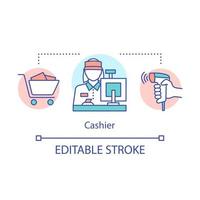 Cashier concept icon. Retail store staff idea thin line illustration. Checkout operator. Sales clerk at store. Saleswoman behind the cash register. Vector isolated outline drawing. Editable stroke