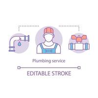 Plumbing service concept icon. Repair of water supply. Fixing of faucets and pipes leaks. Professional plumber help idea thin line illustration. Vector isolated outline drawing. Editable stroke
