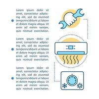 Air conditioner installation article page vector template. Home service brochure, magazine, booklet design element with linear icons and text boxes. Print design. Concept illustrations with text space