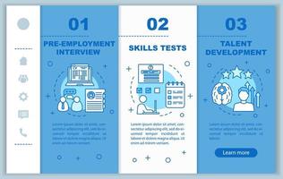 Career growth onboarding mobile web pages vector template. Responsive smartphone website interface idea with linear illustrations. Webpage walkthrough step screens. Blue color concept