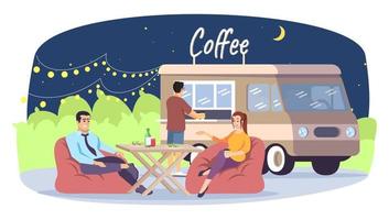 Man and woman in street food cafe flat vector illustration. Colleagues meeting at food court. Couple of friends on bag chairs, coffee point truck isolated cartoon characters on white background