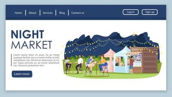 Night market landing page vector template. Food court at city fest website interface idea with flat illustrations. Park cafe homepage layout. Enjoying street food web banner, webpage cartoon concept