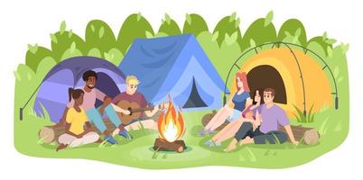 Summer camp recreation flat vector illustration. Young men and women, campers cartoon characters. Friends sit by campfire, playing guitar. Summer vacation, nature rest isolated on white background