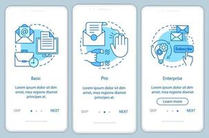 Email marketing subscription onboarding mobile app page screen with linear concepts. Three walkthrough steps graphic instructions. Basic or pro tariffs. UX, UI, GUI vector template with illustrations