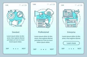 plantilla de vector de pantalla de página de aplicación móvil de incorporación de suscripción crm. tarifas estándar o profesionales. paso a paso del sitio web con ilustraciones lineales. ux, ui, concepto de interfaz de teléfono inteligente gui