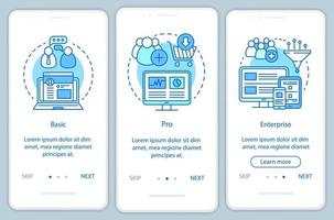 Digital marketing tools subscription onboarding mobile app page screen with linear concepts. Three walkthrough steps graphic instructions. Basic tariff. UX, UI, GUI vector template with illustrations