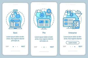 Digital marketing tools subscription onboarding mobile app page screen with linear concepts. Three walkthrough steps graphic instructions. Basic tariff. UX, UI, GUI vector template with illustrations