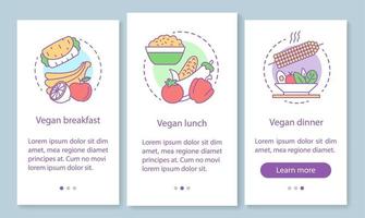 Vegan menu onboarding mobile app page screen with linear concepts. Vegetarian breakfast, lunch and dinner walkthrough steps graphic instructions. UX, UI, GUI vector template with illustrations