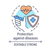 Protection against diseases concept icon. Healthy lifestyle idea thin line illustration. Vaccination, inoculation .Shield with cross, syringe and heart vector isolated outline drawing. Editable stroke