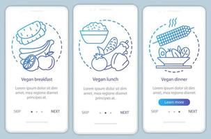 plantilla de vector de pantalla de página de aplicación móvil de incorporación de menú vegetariano. Pasos del sitio web vegano para el desayuno, el almuerzo y la cena con ilustraciones lineales. ux, ui, concepto de interfaz de teléfono inteligente gui