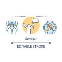 ve al icono del concepto vegano. vegetarianismo, idea de estilo de vida saludable ilustración de línea delgada. rechazo a la comida rápida, bienestar animal. persona feliz con el dibujo de contorno aislado del vector de la bandera. trazo editable