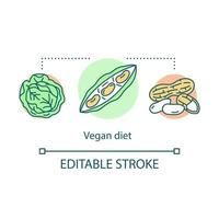 dieta vegana, icono del concepto de pérdida de peso. idea de nutrición vegetariana ilustración de línea delgada. producto natural, comida sana. repollo crudo, vaina de frijol y dibujo de contorno aislado del vector de maní. trazo editable