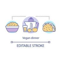 Vegan dinner, delicious meal concept icon. Healthy lifestyle idea thin line illustration. Organic nutrition. Oatmeal, natural juice and vegetarian taco vector isolated outline drawing. Editable stroke