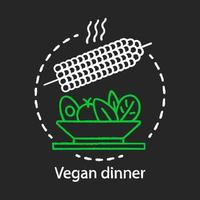 Vegan dinner chalk concept icon. Healthy nutrition idea. Cooked corn with vegetable salad vector isolated chalkboard illustration. Vegetarian restaurant menu. Delicious organic food, natural products