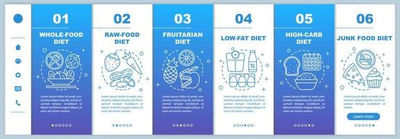 Plantilla de vector de páginas web móviles de incorporación de dieta vegana. idea de interfaz de sitio web de teléfono inteligente sensible con ilustraciones lineales. pantallas de pasos del tutorial de la página web. concepto de color de estilo de vida vegetariano