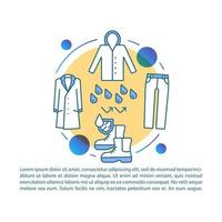 Waterproof clothes article page vector template. Brochure, magazine, booklet design element with linear icons and text boxes. Rainproof clothing. Print design. Concept illustrations with text space ..