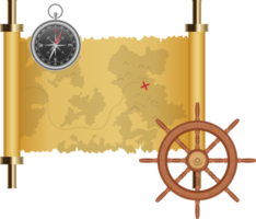 Treasure map, ship wheel and magnetic compass vector illustration