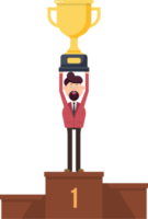 Happy businessman sits on the podium and holds the first place trophy in his hand png