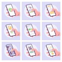 Smartphone apps flat vector illustrations set. Modern mobile technology cartoon concept. Various applications interface idea. Users hands holding cell phones. Business and entertainment attribute