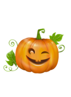 A Halloween pumpkin shows cute smiling face with green leaves. Digital hand drawing and painting, Isolate image. png