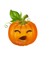 The dark yellow Halloween pumpkin shows smiling face with green leaves. Isolate image. png