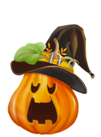 il disegno a mano digitale e la pittura della zucca di Halloween indossa un cappello da mago, che mostra una faccia spaventosa. isolare l'immagine. png