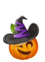 abóbora de halloween com chapéu de assistente está mostrando o rosto de emoção. arte de pintura digital, imagem isolada. png