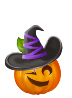 halloween-kürbis mit zaubererhut zeigt gefühlsgesicht. digitale Malkunst, Bild isolieren. png