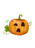 una faccia buffa di zucca di halloween con foglie verdi, arte digitale, isolare l'immagine. png