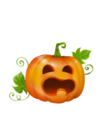 schattige halloween-pompoen met groene bladeren vertoont emotiegezicht, digitale kunst, isolate png