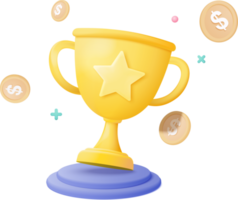 3d winners minimal with golden cup and money coin, gold winners stars on podium background. Award ceremony concept on pedestal with cartoon style. 3d render isolated on background png