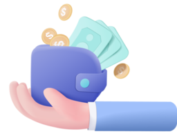 3D money coin hand holding on pastel background. holding money wallet in business hand concept, wallet coin and payment 3d render concept. finance, investment, money saving on hand isolated png