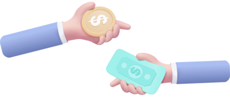 3D money coin hand holding transfer to banknote for online payment concept, Bundles cash and floating coins exchange on pastel background. cashless society concept in 3d render png